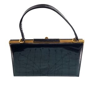 Vintage Nicolas Reich Navy Blue Patent Leather Structured Top Handle Bag EUC